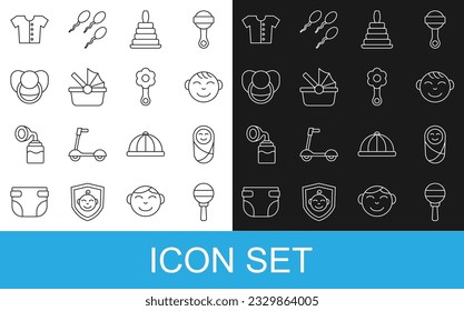 Set line Rattle baby toy, Newborn infant swaddled, Little boy head, Pyramid, Baby stroller, dummy pacifier, t-shirt and  icon. Vector