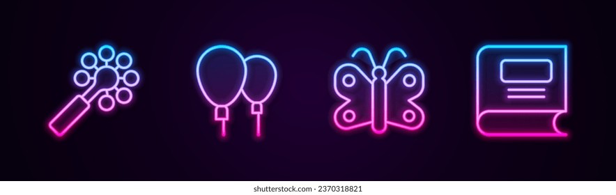 Set line Rattle baby toy, Balloons, Butterfly and Book. Glowing neon icon. Vector