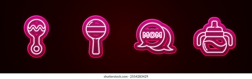 Set line Rattle baby toy, , Speech bubble mom and Baby bottle. Glowing neon icon. Vector