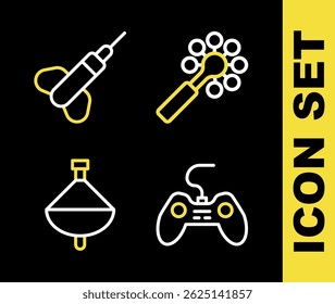 Set line Rattle baby toy, Gamepad, Whirligig and Dart arrow icon. Vector