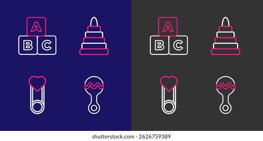 Set line Rattle baby toy, Baby clothes pin, Pyramid and ABC blocks icon. Vector