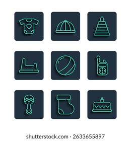Set line Rattle baby toy, Baby socks clothes, Cake with burning candles, Pyramid, Beach ball, potty,  and Monitor Walkie Talkie icon. Vector