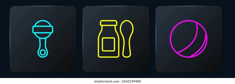 Set line Rattle baby toy, Beach ball and Yogurt in bottle with spoon. Black square button. Vector