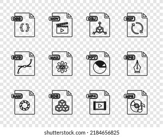Set line RAW file document, MP3, OBJ, 3DS, CSS, MAX, MP4 and EPS icon. Vector