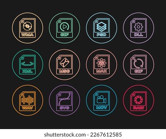 Set line RAW file document, GIF, PSD, MSG, XML, WMA, MAX and  icon. Vector