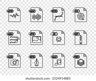 Set line RAW file document, PSD, EPS, MP3, JPG, WAV and ZIP icon. Vector