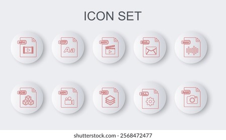 Set line RAW file document, 3DS, MOV, DLL, MP4, OTF,  and PSD icon. Vector