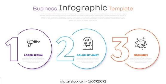 Set line Ray gun, Alien and Planet. Business infographic template. Vector