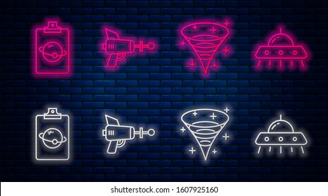 Set line Ray gun, Black hole, Planet and UFO flying spaceship. Glowing neon icon on brick wall. Vector