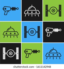 Set line Ray gun, Cosmic ship and UFO flying spaceship icon. Vector