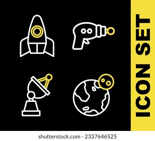 Fijar la pistola Ray, el globo terrestre, la antena parabólica y el icono de la nave Rocket. Vector
