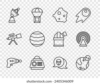 Set line Ray gun, Earth globe, Asteroid, Space capsule, Satellite dish, Planet, Alien and Radar icon. Vector