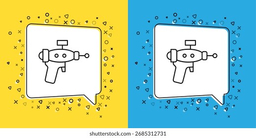 Establecer línea icono de pistola de rayos aislado en fondo amarillo y azul. Arma láser. Lanzador espacial.  Vector