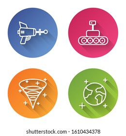 Set line Ray gun, Mars rover, Black hole and Earth globe. Color circle button. Vector