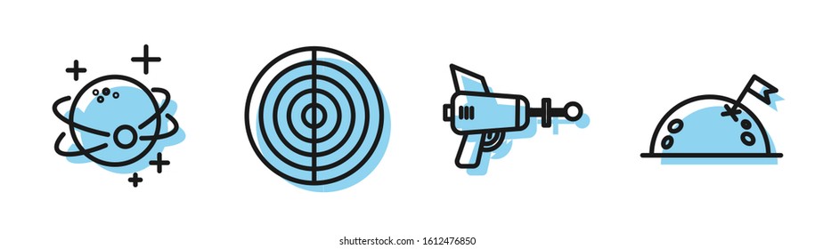 Set line Ray gun, Planet, Earth structure and Planet with flag icon. Vector