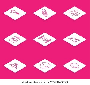 Set line Ray gun, Planet, Black hole, Cosmic ship, with flag, Mars rover and Alien icon. Vector