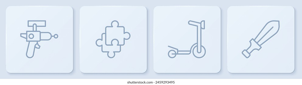 Set line Ray gun, Roller scooter, Puzzle pieces toy and Sword. White square button. Vector