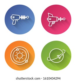 Set line Ray gun, Ray gun, Solar system and Planet. Color circle button. Vector
