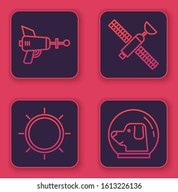 Set line Ray gun, Sun, Satellite and Dog in astronaut helmet. Blue square button. Vector