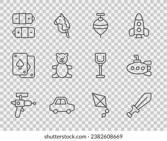 Set Line Ray Pistole, Schwertspielzeug, Whirligig, Spielzeugauto, Battery, Teddy Bären Plausch, Drachen und U-Boot-Symbol. Vektorgrafik