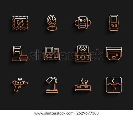 Set line Ray gun, Table lamp, Postal stamp, Gamepad, Piece of puzzle, Monitor with keyboard, Waist bag banana and Waistcoat icon. Vector