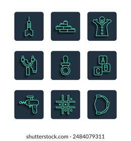 Juego de línea Ray gun, Tic tac toe game, juguete de arco, muñeco de juguete en la mano, chupete de muñeco de bebé, Slingshot, flecha de dardo y el icono de bloques ABC. Vector