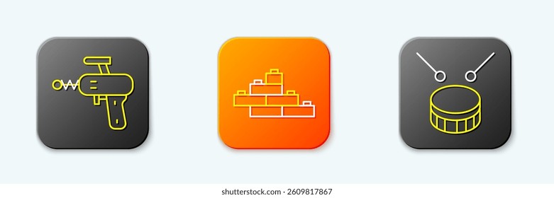Set line Ray gun, Toy building block bricks and Drum with drum sticks icon. Vector