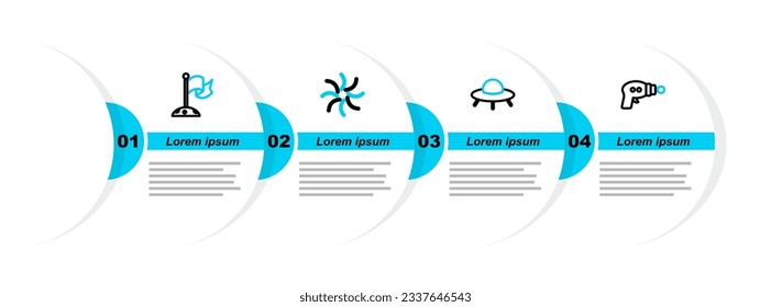 Set line Ray gun, UFO flying spaceship, Black hole and Moon with flag icon. Vector