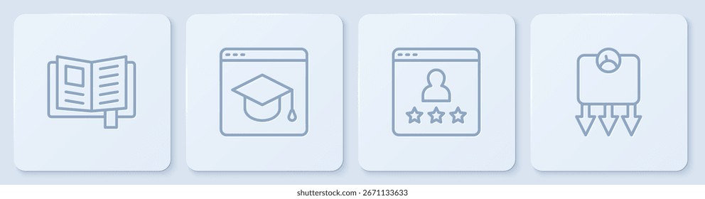 Set line Libro de lectura, calificación de producto Cliente, educación en línea y pérdida de peso. Botón cuadrado blanco. Vector