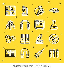 Set line Reagent bottle, Biohazard symbol, Test tube and flask, Biological structure, Experimental insect, Periodic table and Biosafety box icon. Vector