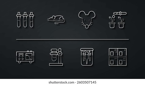 Set line Reagent bottle, Spectrometer, Pipette and plant, Experimental animal, Test tube flask on stand, mouse, Periodic table and  icon. Vector