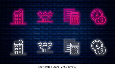 Set line Real estate, Calculator, House and Time is money. Glowing neon icon on brick wall. Vector