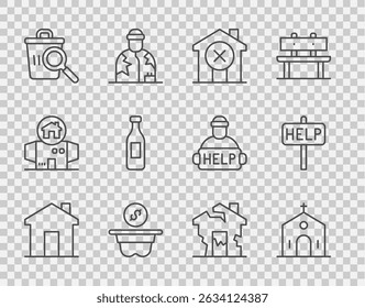 Set line Real estate, Church building, No house, Donation money, Searching for food, Bottle of water, Ruined and Ask help text icon. Vector