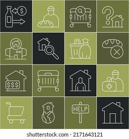 Set line Real estate, First aid kit, Donation food, Searching for, house, Homeless cardboard, Reception of glass bottles and Trash can icon. Vector