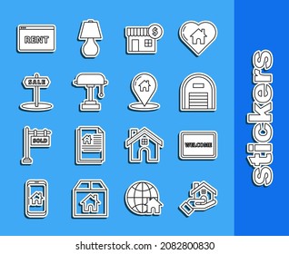 Set line Realtor, Doormat with the text Welcome, Warehouse, House dollar symbol, Table lamp, Hanging sign Sale, Online Rent and Map pointer icon. Vector