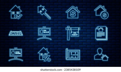 Set line Realtor, House contract, with dollar, Hanging sign For Sale, plan, check mark, Rent and key icon. Vector