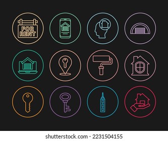 Set line Realtor, House under protection, Man dreaming about buying house, Location key, Online real estate, Hanging sign with For Rent, Paint roller brush and  icon. Vector