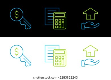 Set line Realtor, Rent key and Calculator icon. Vector