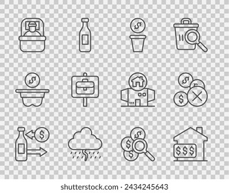 Set line Reception of glass bottles, House with dollar, Donation money, Cloud rain, Sleeping bag, Work search, Search for and No icon. Vector