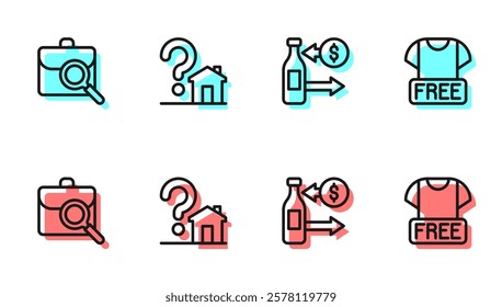 Set line Reception of glass bottles, Work search, House with question mark and Clothes donation icon. Vector