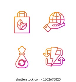 Set line Recharging, Garbage bag with recycle, Paper shopping bag with recycle and Human hands holding Earth globe. Gradient color icons. Vector