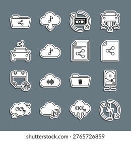 Set line Recharging, Hard disk drive on sharing network, Share file, Refund money, Music streaming service, Car, folder and  icon. Vector