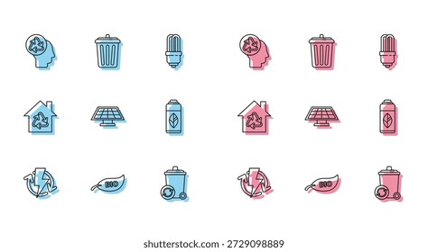Set línea de recarga, símbolo de la hoja Bio, cabeza humana con reciclaje, papelera de reciclaje, panel de energía solar, botella de plástico de reciclaje, reciclaje de la casa ecológica e icono de la papelera. Vector