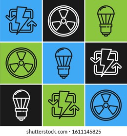Set line Recharging, LED light bulb and Radioactive icon. Vector