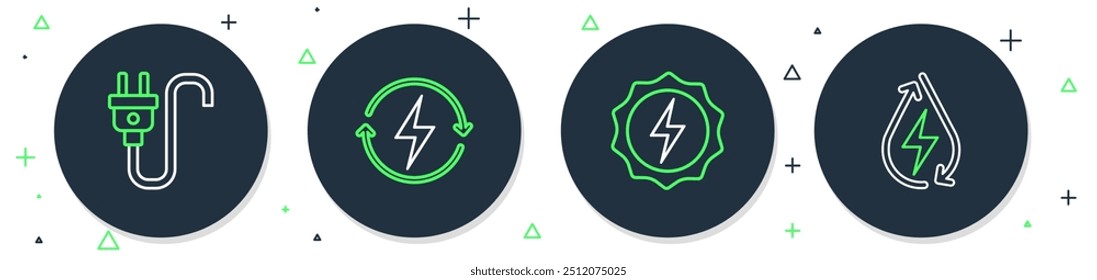 Set line Recharging, Lightning bolt, Electric plug and Water energy icon. Vector