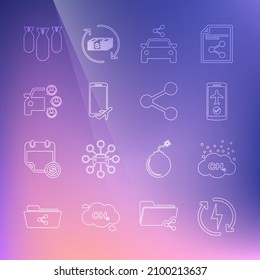Set line Recharging, Methane emissions reduction, Flight mode the mobile, Car sharing, Aviation bombs and Share icon. Vector