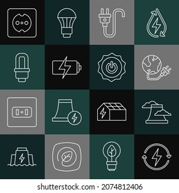 Set line Recharging, Nuclear power plant, Global energy planet, Electric plug, Battery, LED light bulb, Electrical outlet and Power button icon. Vector