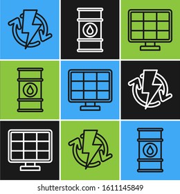 Set line Recharging, Solar energy panel and Oil barrel line icon. Vector