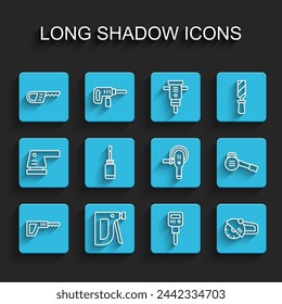 Set line Reciprocating saw, Construction stapler, jackhammer, Angle grinder, Screwdriver, Leaf garden blower and  icon. Vector