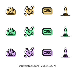 Set line Record button, Cinema ticket, Romantic movie and Movie trophy icon. Vector